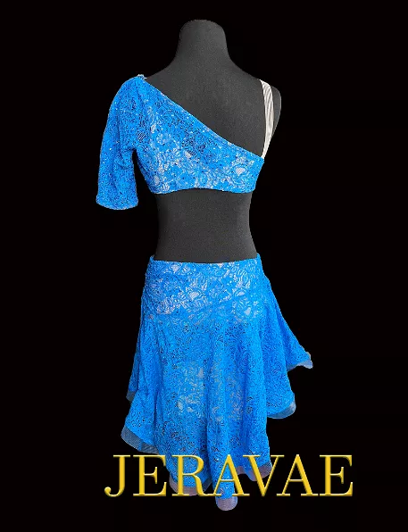 Blue Lace Latin Dress with Asymmetrical Neckline, One Half Sleeve, Side Slit in Skirt, Semi-Open Back, and Horsehair Hem, Sz S L