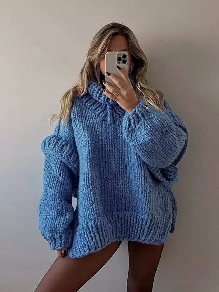 Casual Knitted Thick Turtleneck Sweater Women Warm Butterfly Sleeve Loose Sweaters Female 2023 Autumn Winter Split Lady Pullover