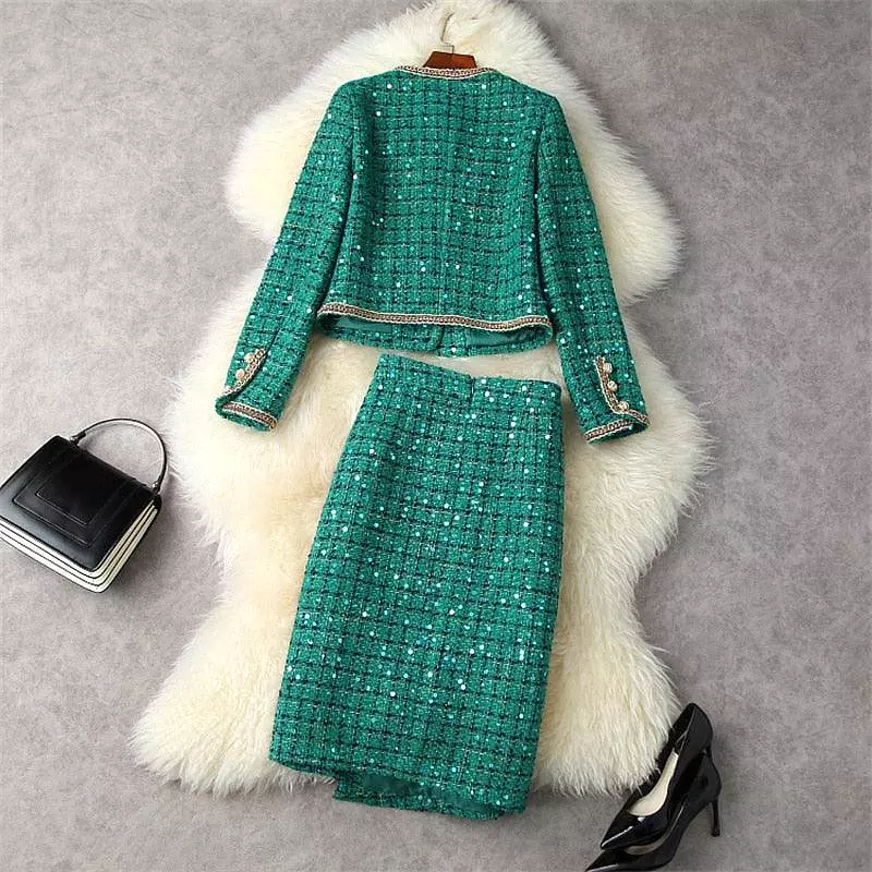 Checked Sequined Tweed Skirt Suit