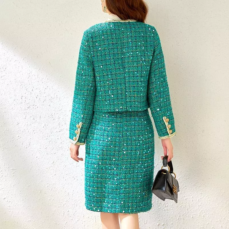 Checked Sequined Tweed Skirt Suit