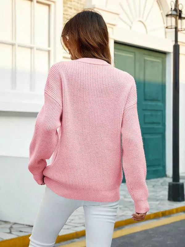 Crew Neck Button Top Pullover Sweater Women