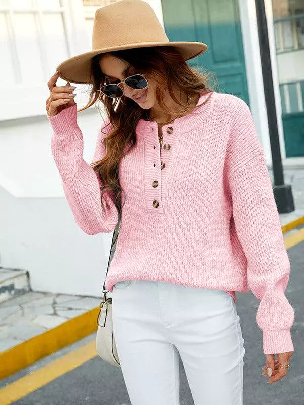 Crew Neck Button Top Pullover Sweater Women