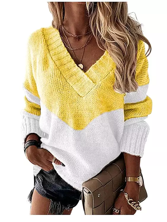 Crochet Knit Patchwork Stripe V-Neck Sweater for Women - Fall/Winter Collection