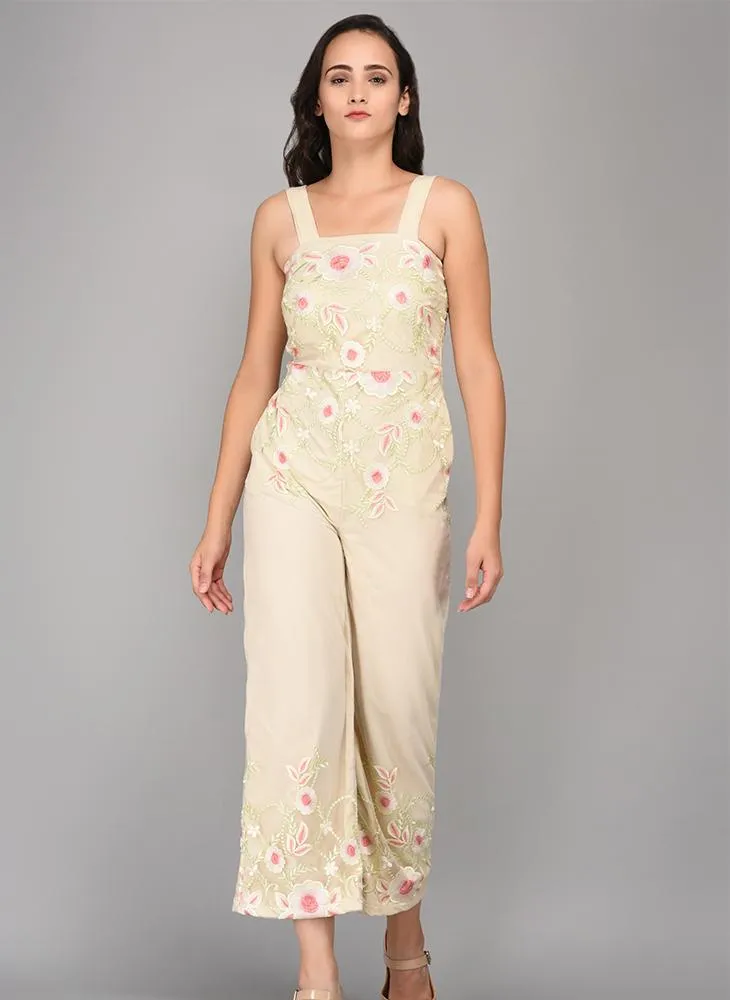 Cropped Floral Embroidered Sheer Jumpsuit