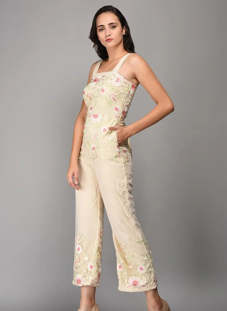 Cropped Floral Embroidered Sheer Jumpsuit