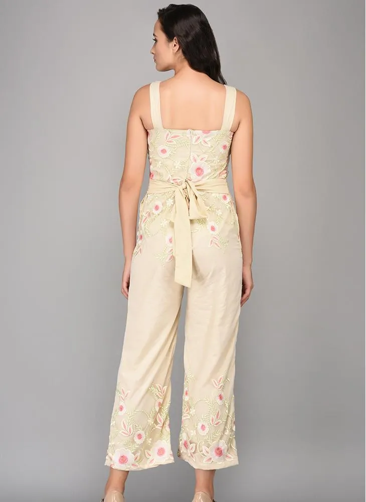 Cropped Floral Embroidered Sheer Jumpsuit