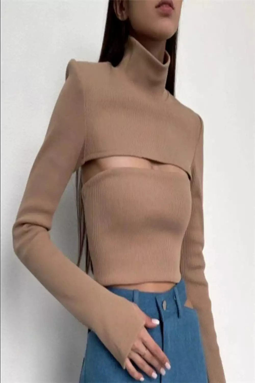 Cut-out Turtleneck Ribbed Top