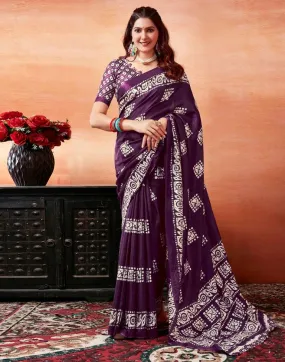 Dark Purple Silk Printed Sarees