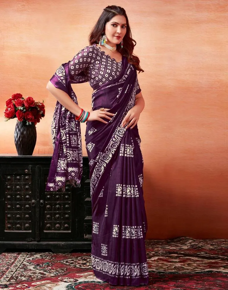 Dark Purple Silk Printed Sarees