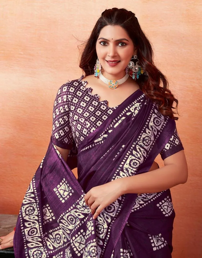 Dark Purple Silk Printed Sarees