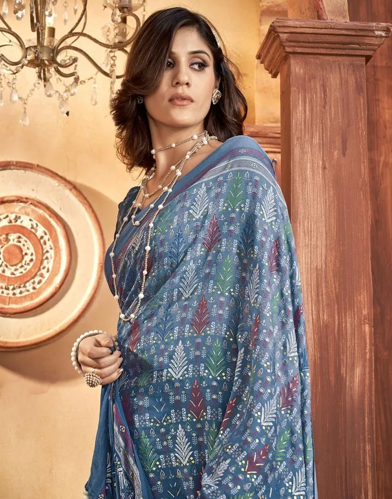 Denim Blue Georgette Printed Sarees