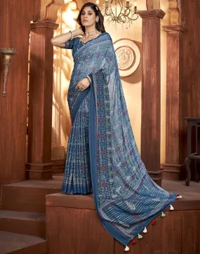 Denim Blue Georgette Printed Sarees