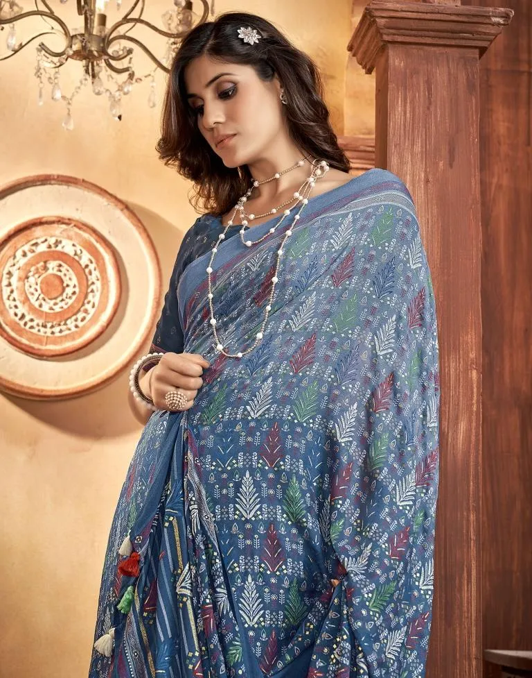 Denim Blue Georgette Printed Sarees