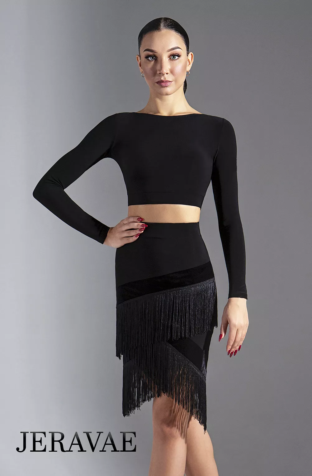 Diagonal Cut Fringe Practice Skirt with Velvet Accents and Cross Pattern Cut with Trunks PRA 632