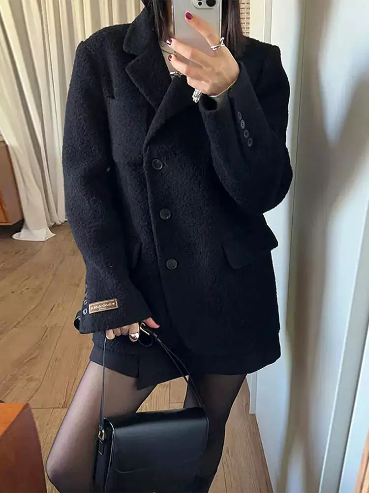 Elegant Woolen Lapel Blazer Coat Coats Women Long Sleeve Single Breasted Loose Jackets