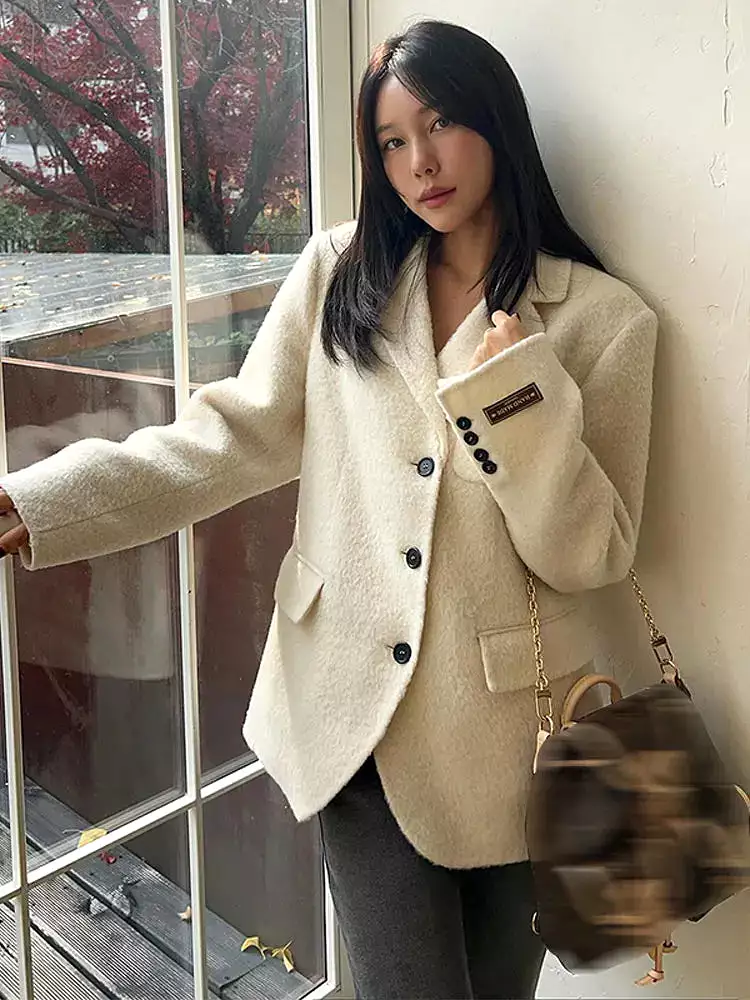 Elegant Woolen Lapel Blazer Coat Coats Women Long Sleeve Single Breasted Loose Jackets