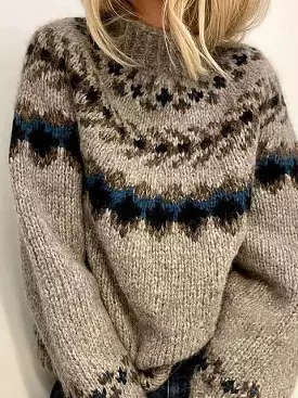 Fair Isle Turtleneck Sweater for Women, Light Brown