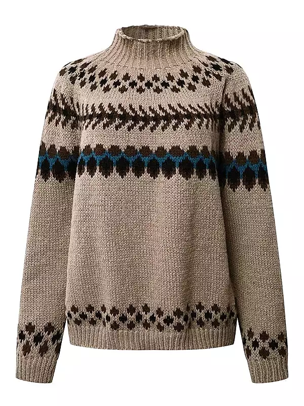 Fair Isle Turtleneck Sweater for Women, Light Brown