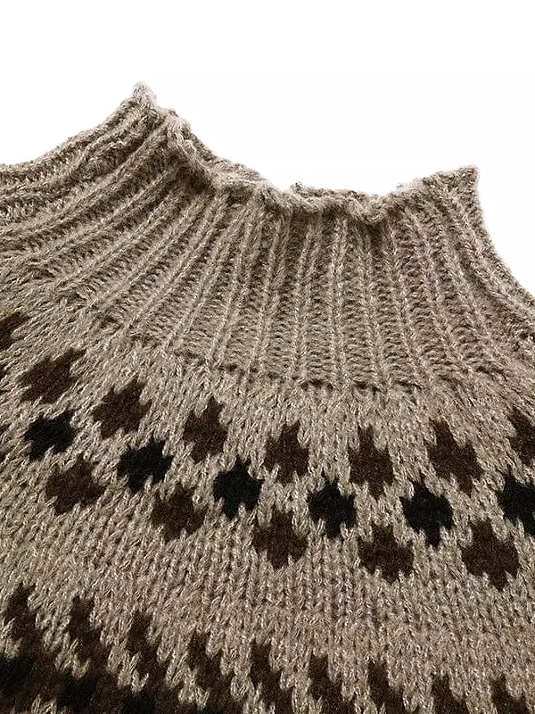 Fair Isle Turtleneck Sweater for Women, Light Brown