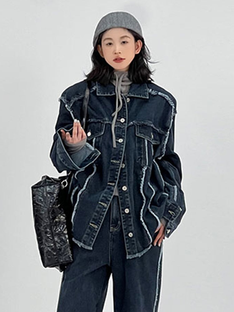 Fashion Women Denim Coat Lapel Single Breasted Burrs Spliced Wash Streetwear Versatile Jacket Autumn 2023 New 5R5696