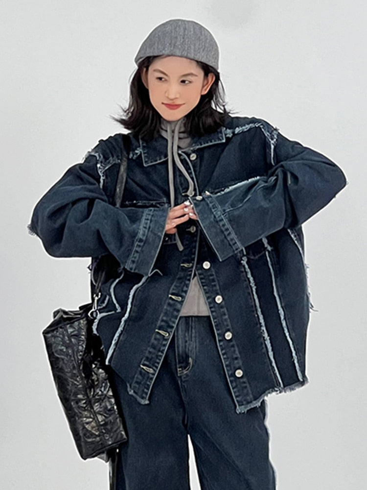 Fashion Women Denim Coat Lapel Single Breasted Burrs Spliced Wash Streetwear Versatile Jacket Autumn 2023 New 5R5696