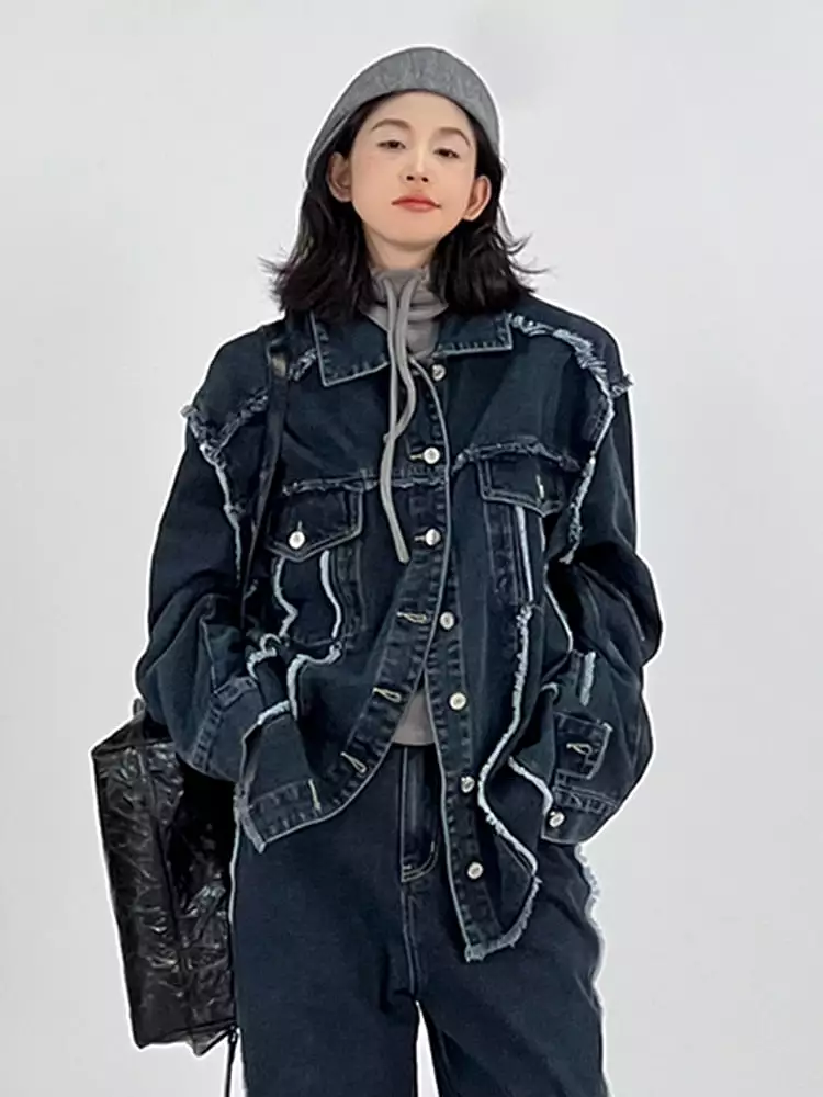 Fashion Women Denim Coat Lapel Single Breasted Burrs Spliced Wash Streetwear Versatile Jacket Autumn 2023 New 5R5696