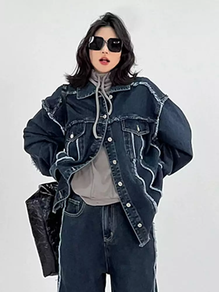 Fashion Women Denim Coat Lapel Single Breasted Burrs Spliced Wash Streetwear Versatile Jacket Autumn 2023 New 5R5696