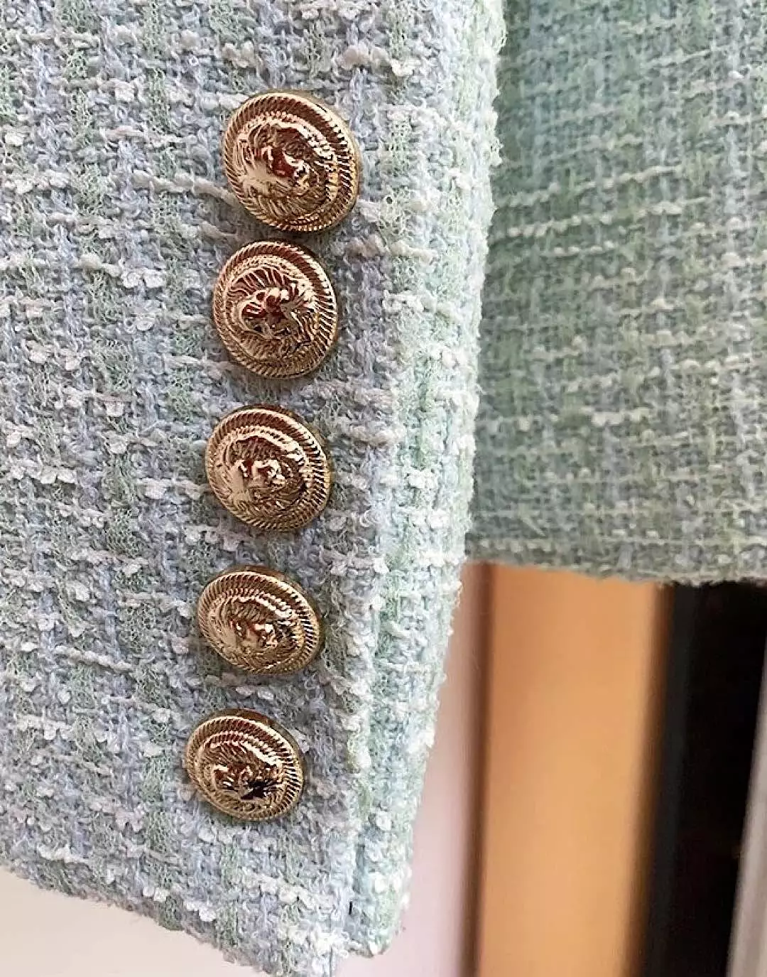 Gold Button Tweed Blazer In Blue Green