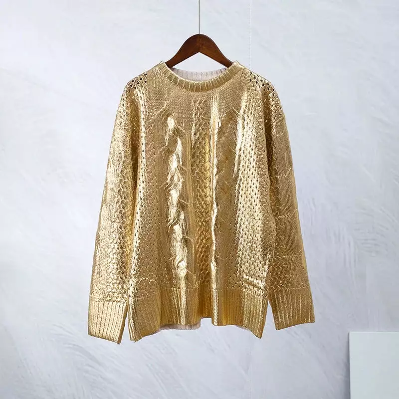 Golden Ribbing Knitted Sweater For Women Round Neck Long Sleeved Spliced Jumper