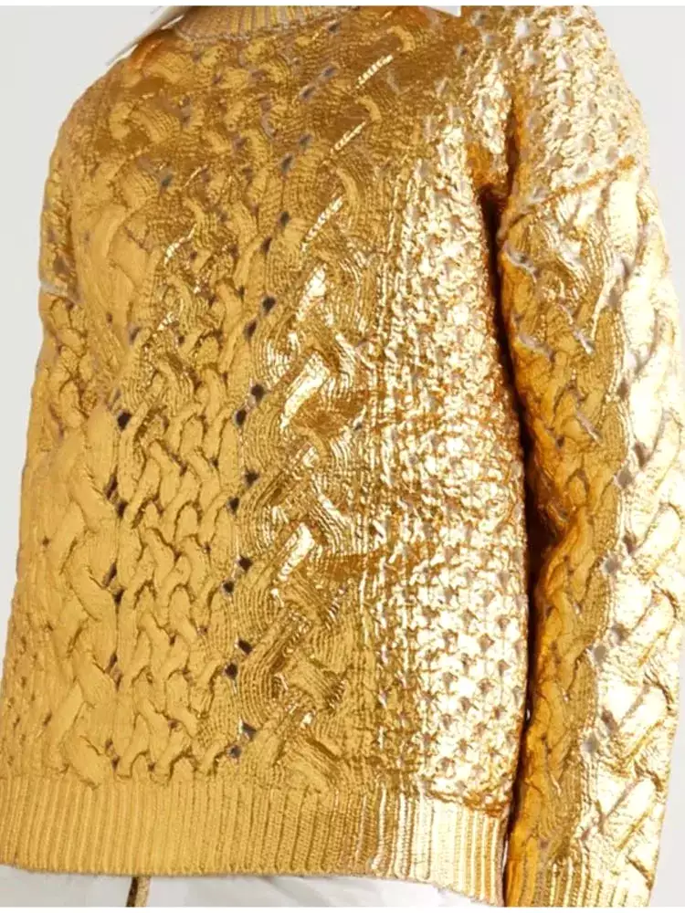 Golden Ribbing Knitted Sweater For Women Round Neck Long Sleeved Spliced Jumper