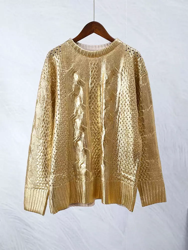 Golden Ribbing Knitted Sweater For Women Round Neck Long Sleeved Spliced Jumper