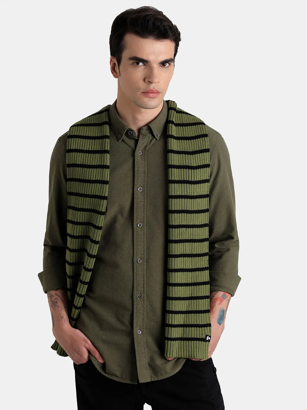 Green Striped Cotton Scarf