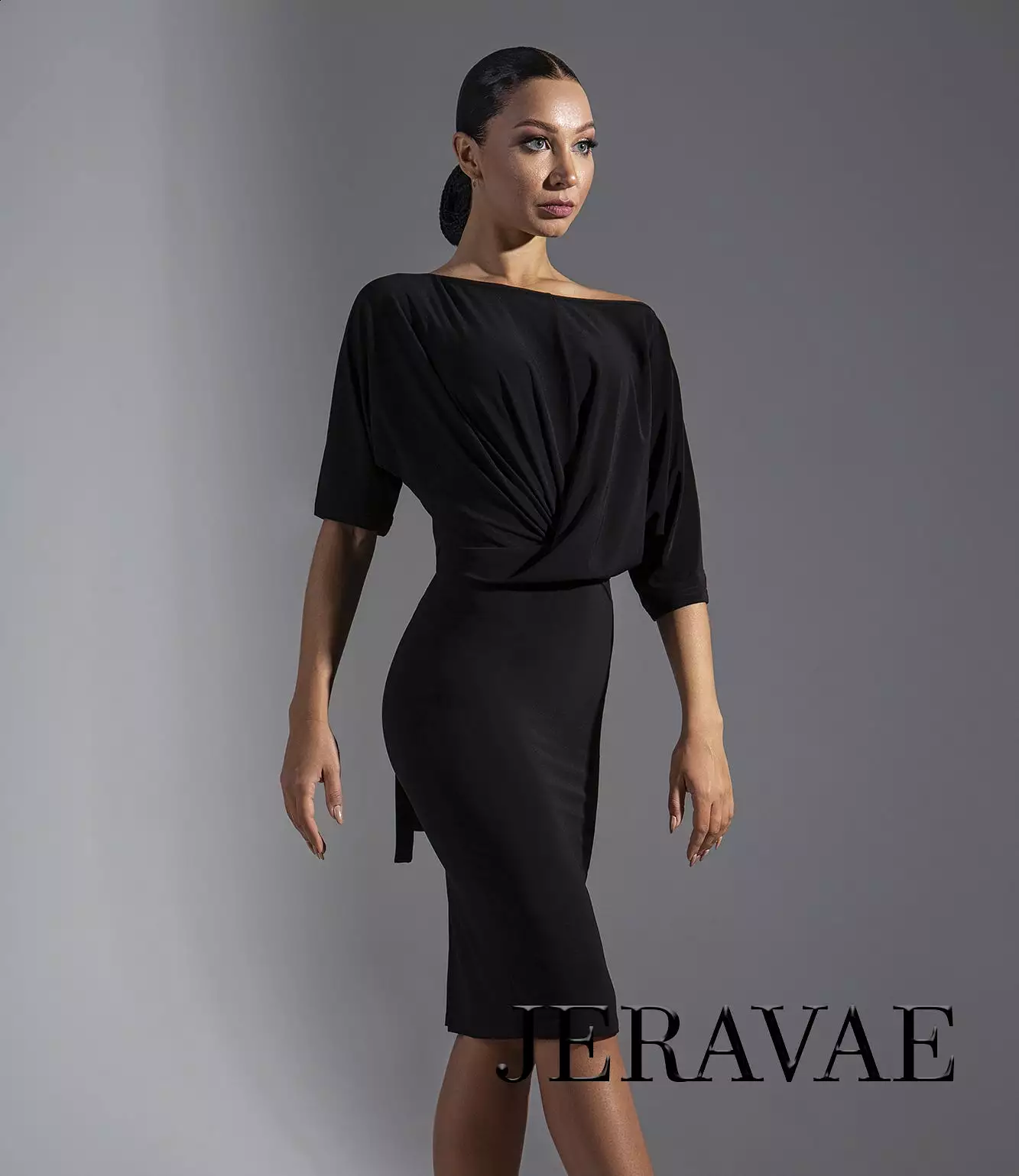 Half-Length Sleeve Latin Practice Dress with Slouchy Top and Back Slit in Skirt PRA 574