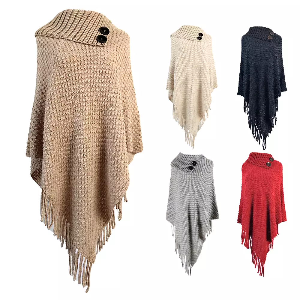 Haute Edition Women's Foldover Button Neck Sweater Knit Poncho. One size fits all (S-XL).