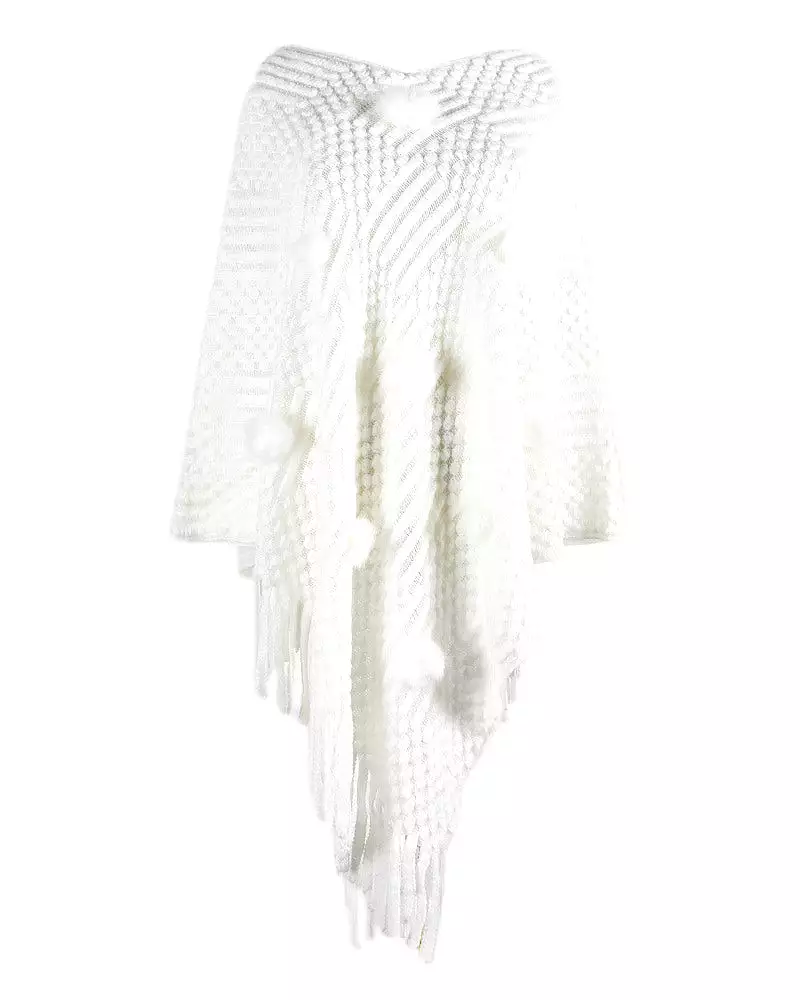 Haute Edition Women's Solid Fringed Sweater Poncho with Pom Poms. One size fits all (S-XL).