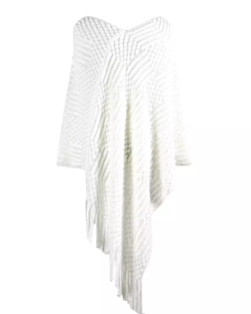 Haute Edition Women's Solid Fringed Sweater Poncho with Pom Poms. One size fits all (S-XL).