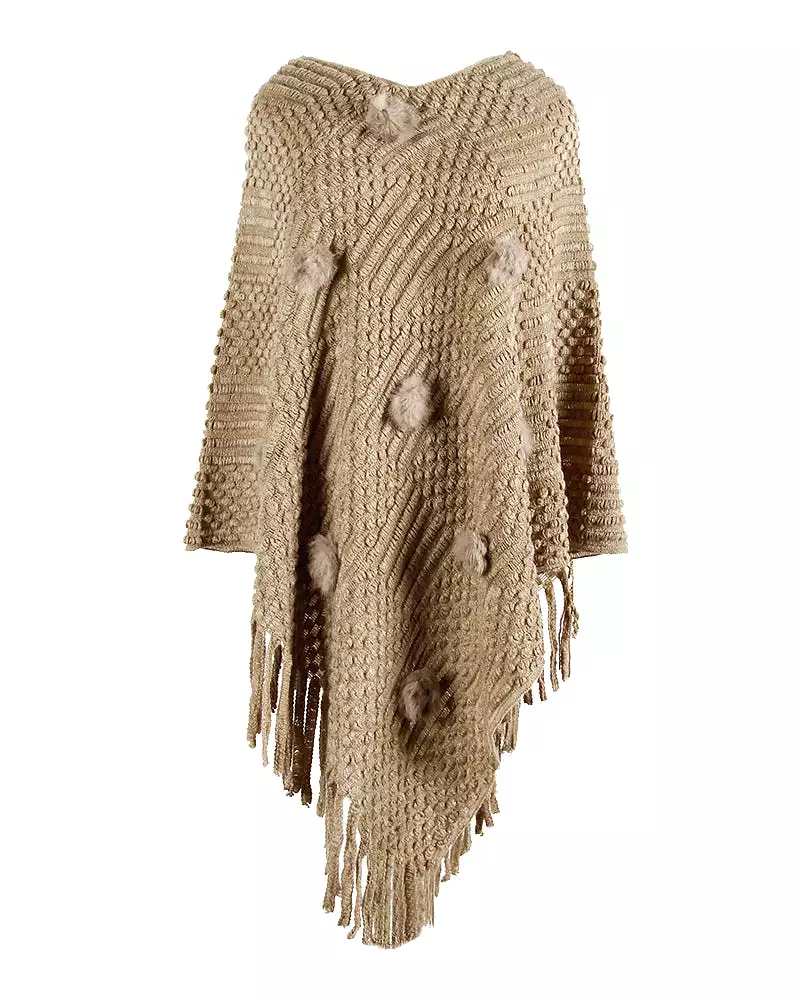 Haute Edition Women's Solid Fringed Sweater Poncho with Pom Poms. One size fits all (S-XL).