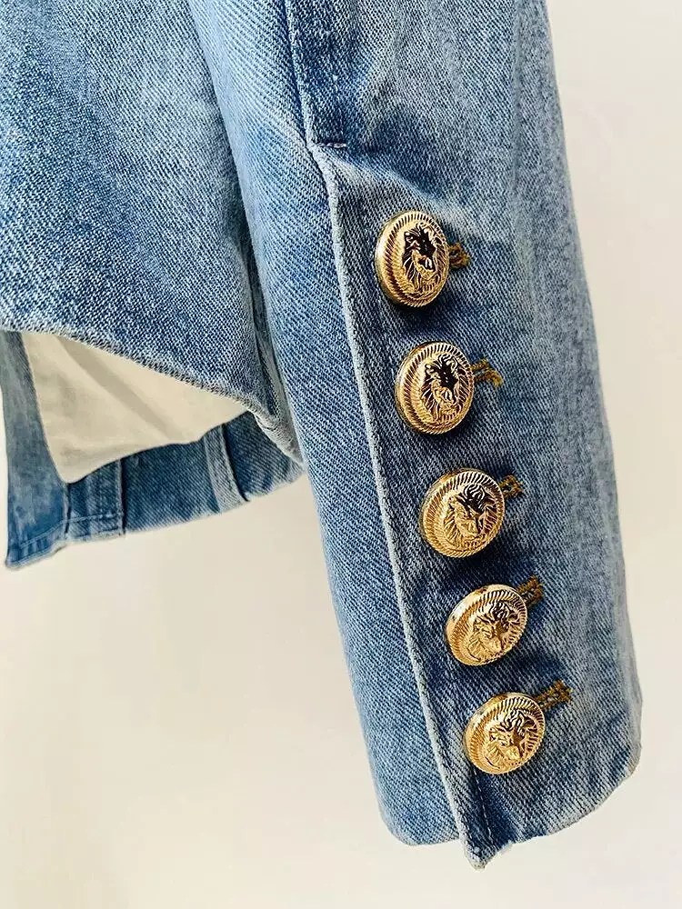 HIGH STREET Newest 2023 Designer Jacket Women's Slim Fitting Double Breasted Lion Buttons Denim Blazer