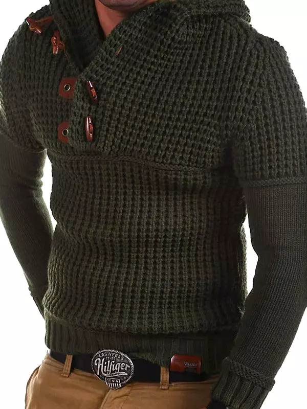 Horn Button Hooded Men Pullover Sweater