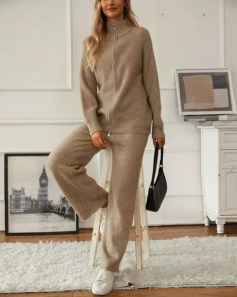 Knitted Zipper Cardigan Women Pants Sweater Set