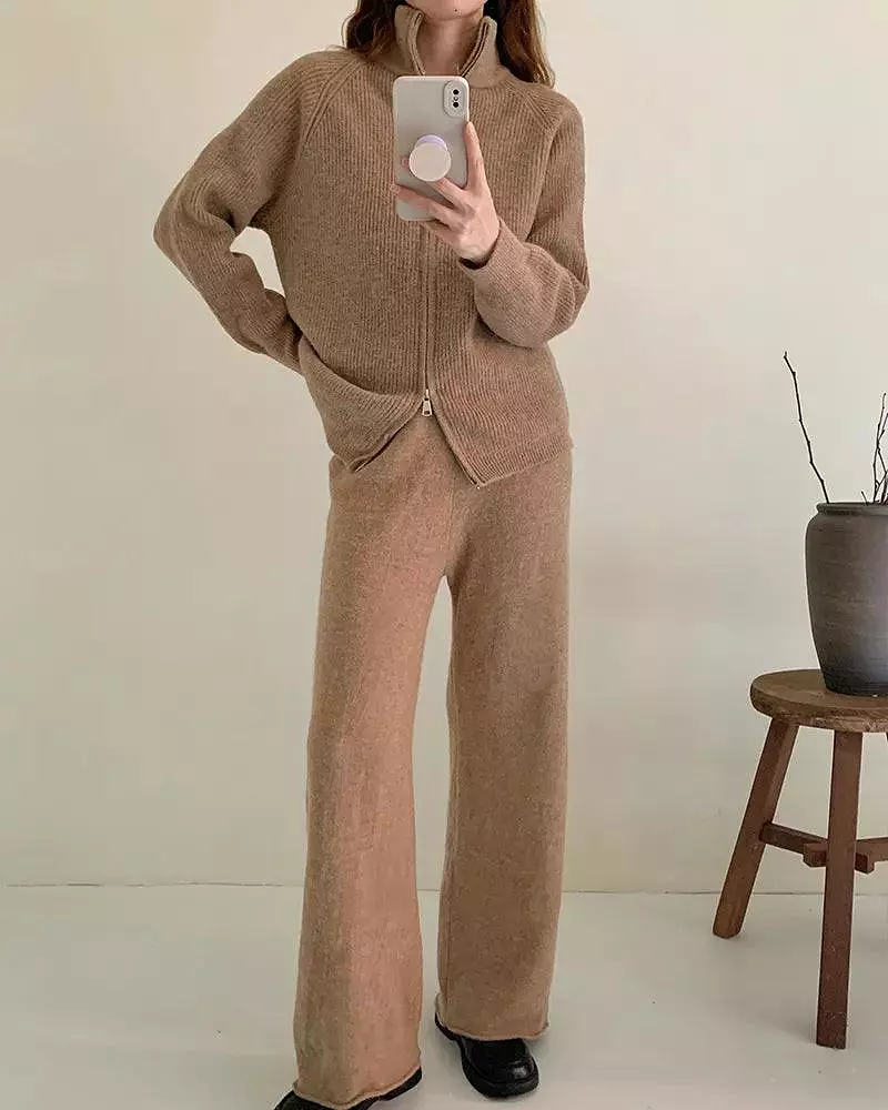 Knitted Zipper Cardigan Women Pants Sweater Set