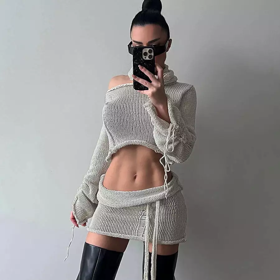 Lady Scarf+Sweater+Hip Skirt Autumn Women 2 Piece Skirt Set Short Casual Knitted Sweater Women's Set