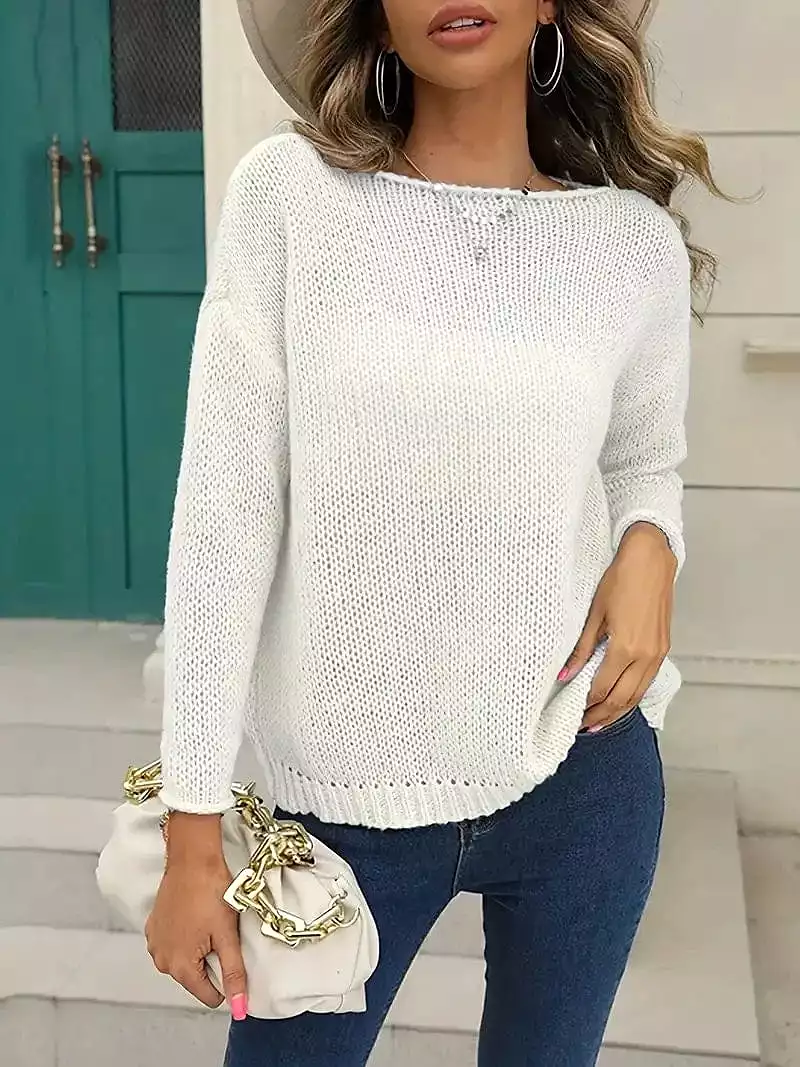 Lantern Sleeve Cable Knit Sweater for Women with Crew Neck