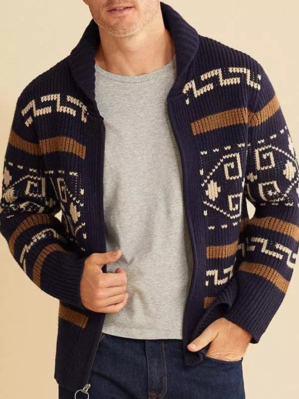 Lapel Jacquard Men Cardigan Sweater