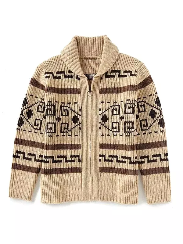 Lapel Jacquard Men Cardigan Sweater