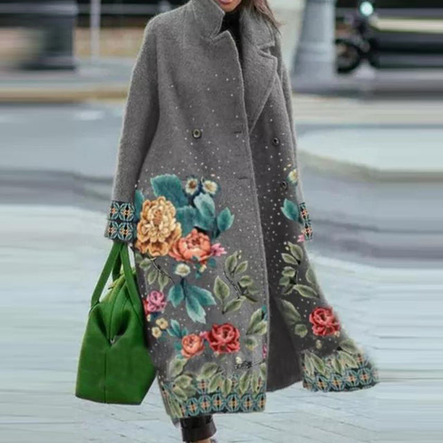 legant Autumn Street Lady Long Cardigan Coats Fashion Floral Print Pocket Long Sleeve Jacket Winter Women Blend Wool Coat B-2864