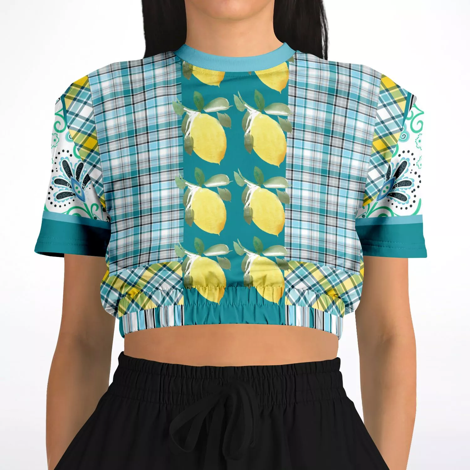 Lemon Zest Floral Short Sleeve Cropped Eco-Poly Sweater