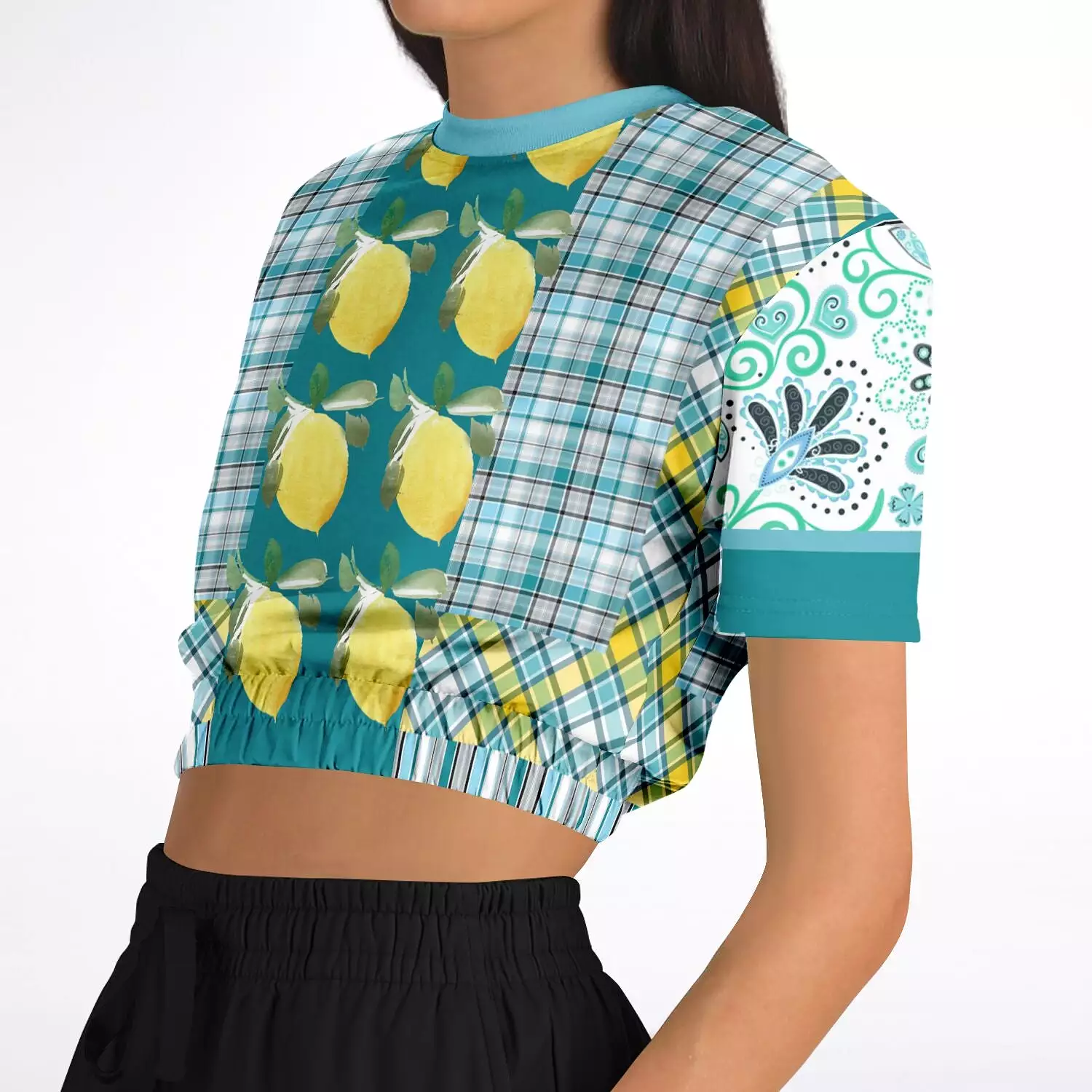 Lemon Zest Floral Short Sleeve Cropped Eco-Poly Sweater