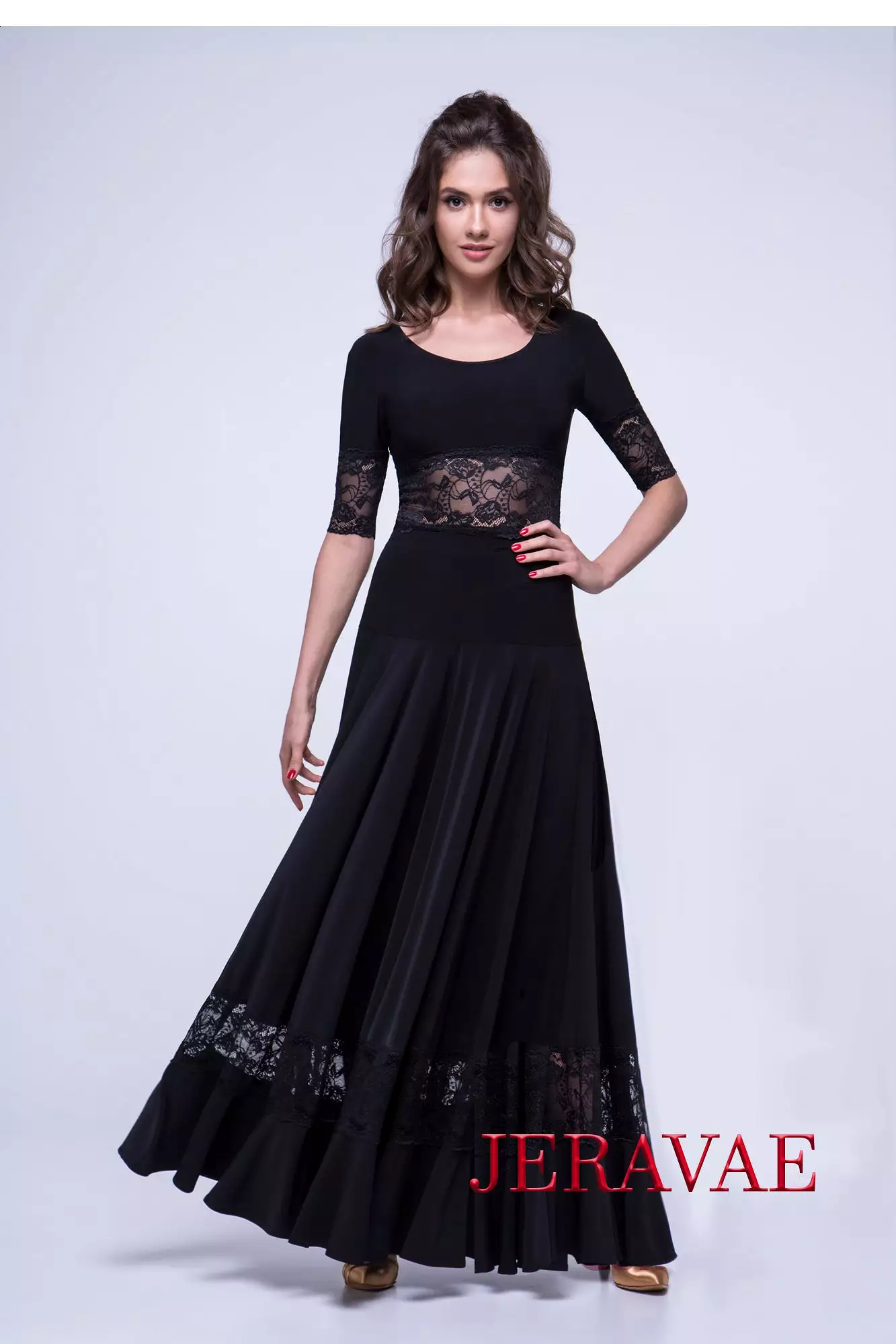 Long Black Ballroom Practice skirt with Lace Panel and Soft Hem PRA 561