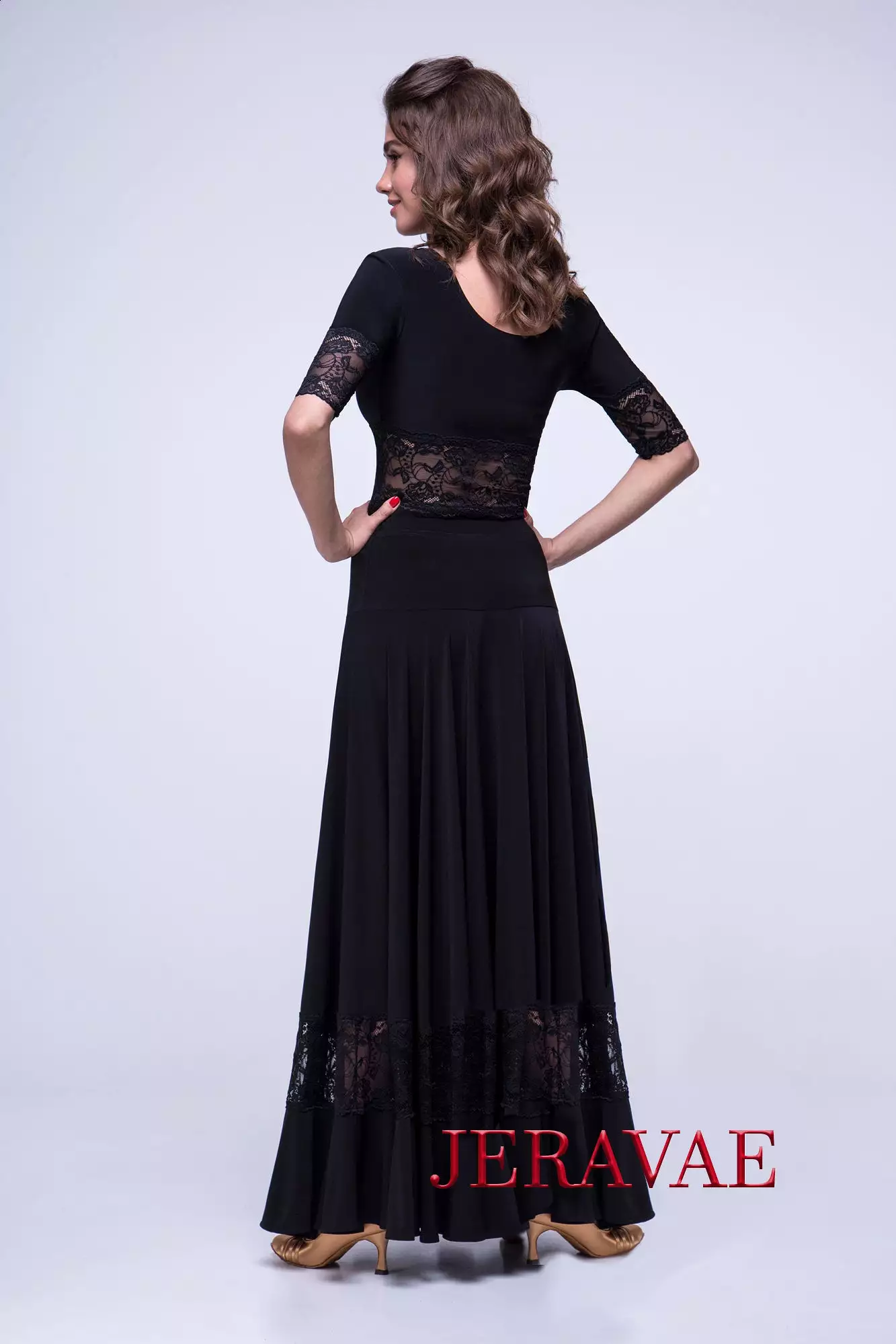 Long Black Ballroom Practice skirt with Lace Panel and Soft Hem PRA 561